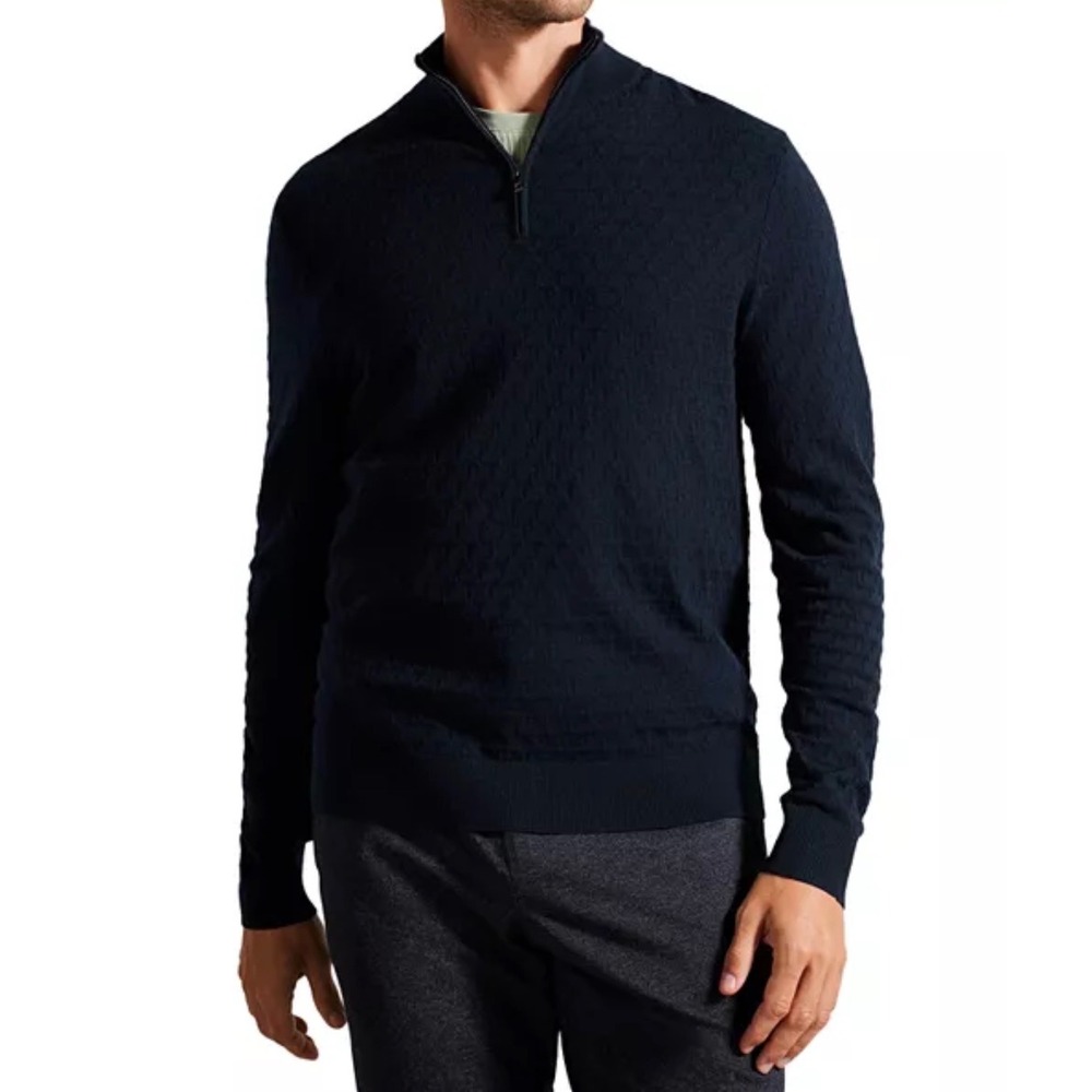 Ted Baker London Mens Navy Blue Textured T-Stitched Quarter Zip Sweater Size 2 S